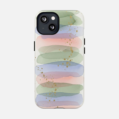 Pastel watercolor phone case with gold glitter, modern design for iPhone
