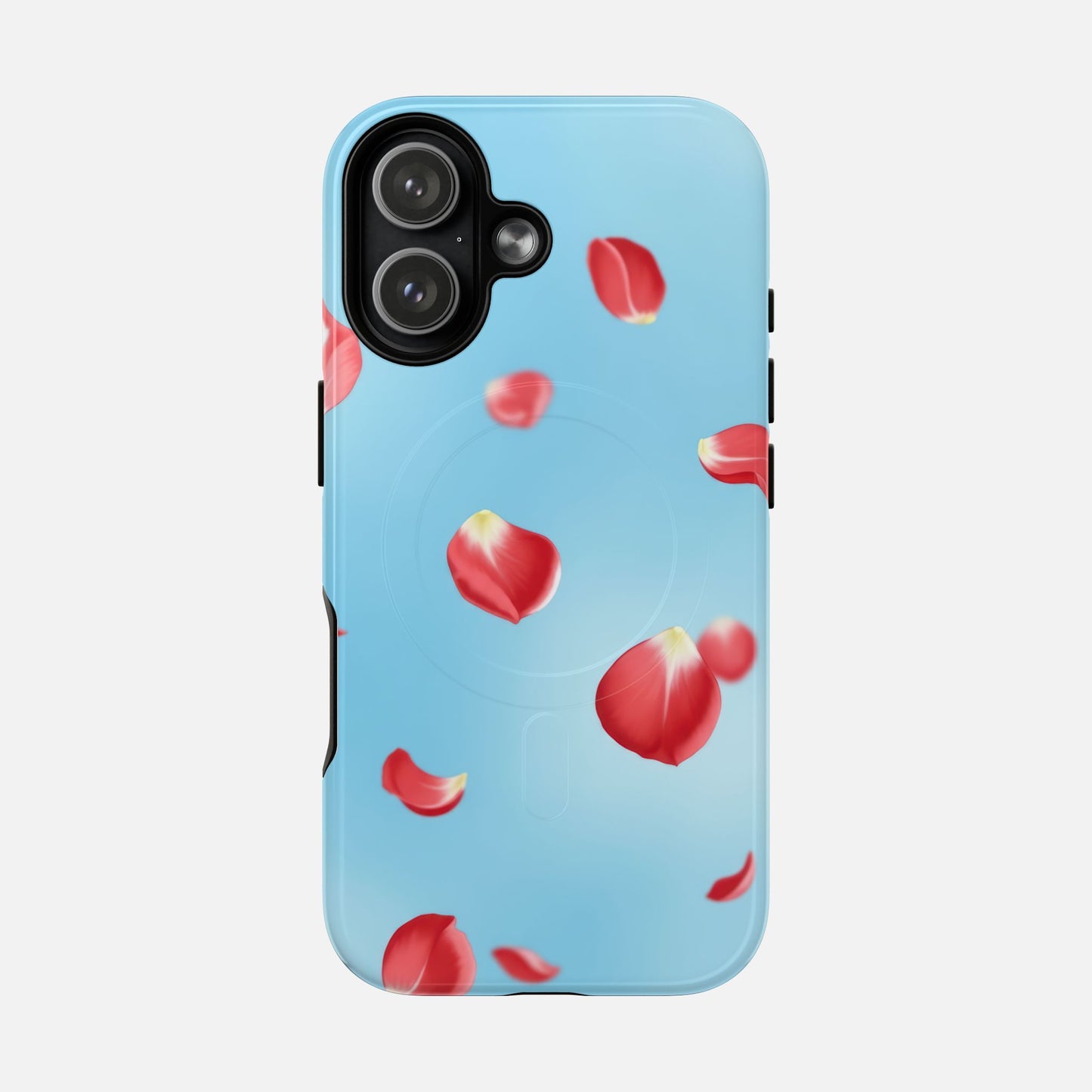 Light blue phone case with floating red rose petals, modern floral design for iPhone protection