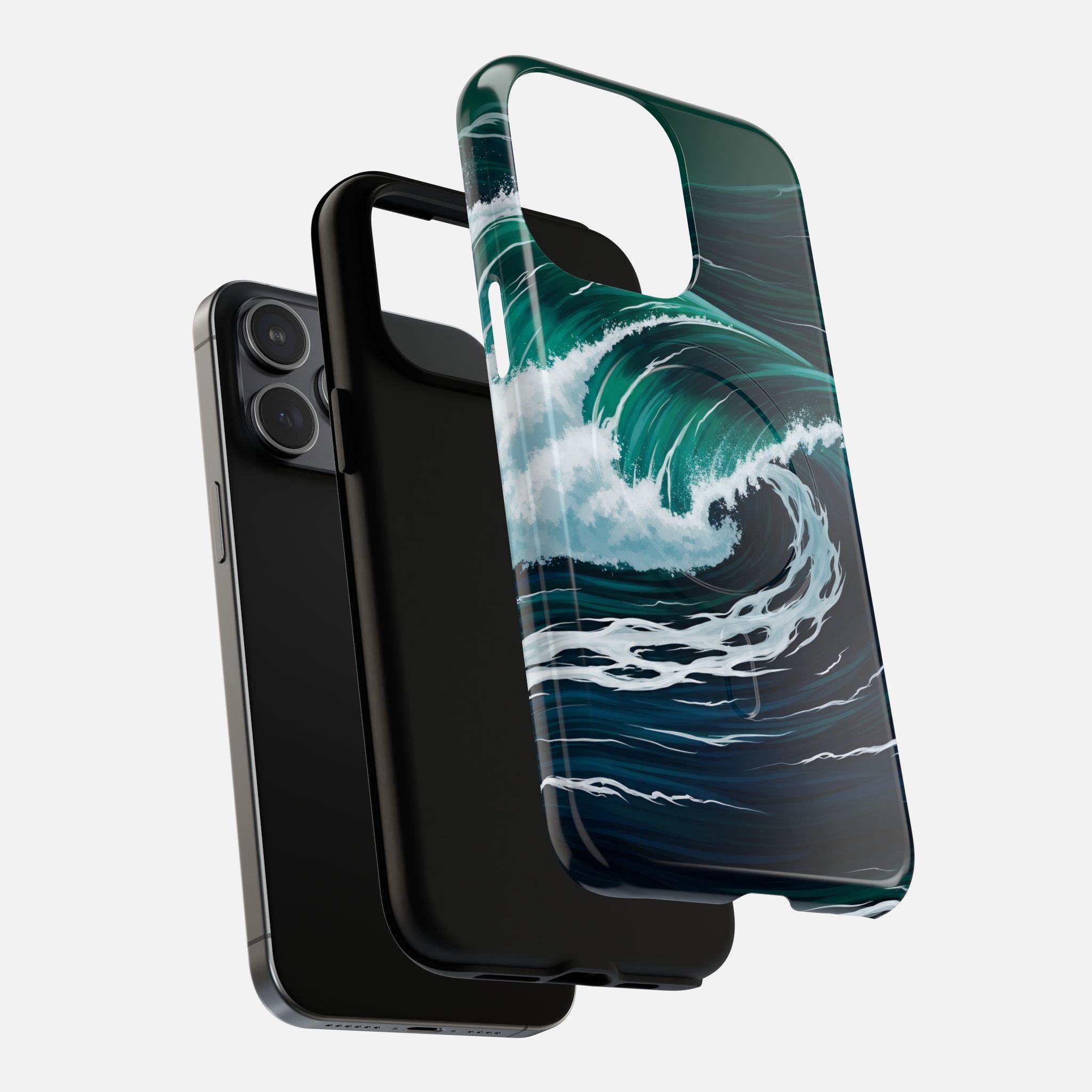 Ocean wave phone case with vibrant teal and white surf design, fits iPhone models, protective and stylish.