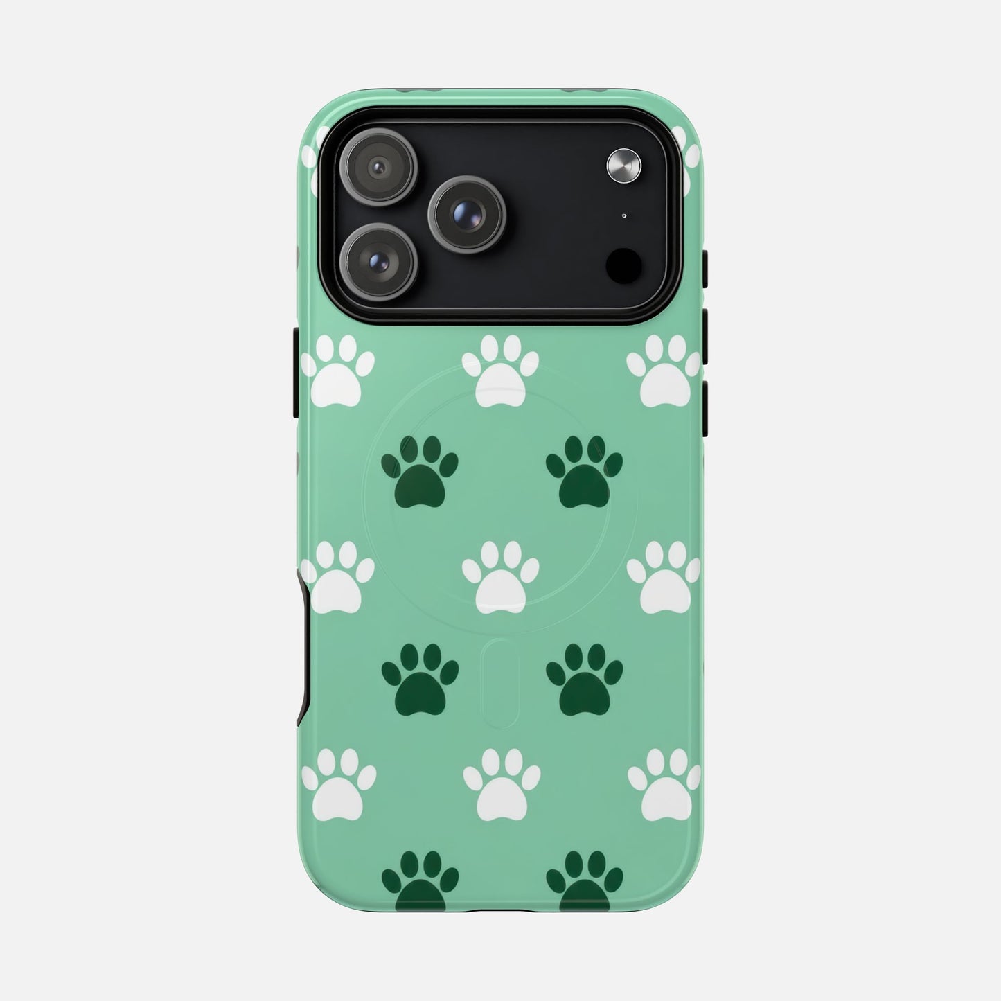 Mint green phone case with white and dark green paw print pattern, fits iPhone with triple camera