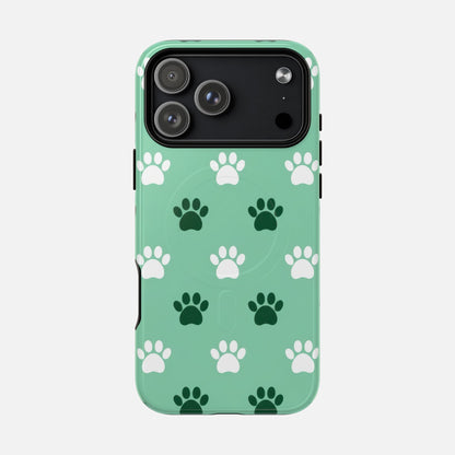 Mint green phone case with white and dark green paw print pattern, fits iPhone with triple camera