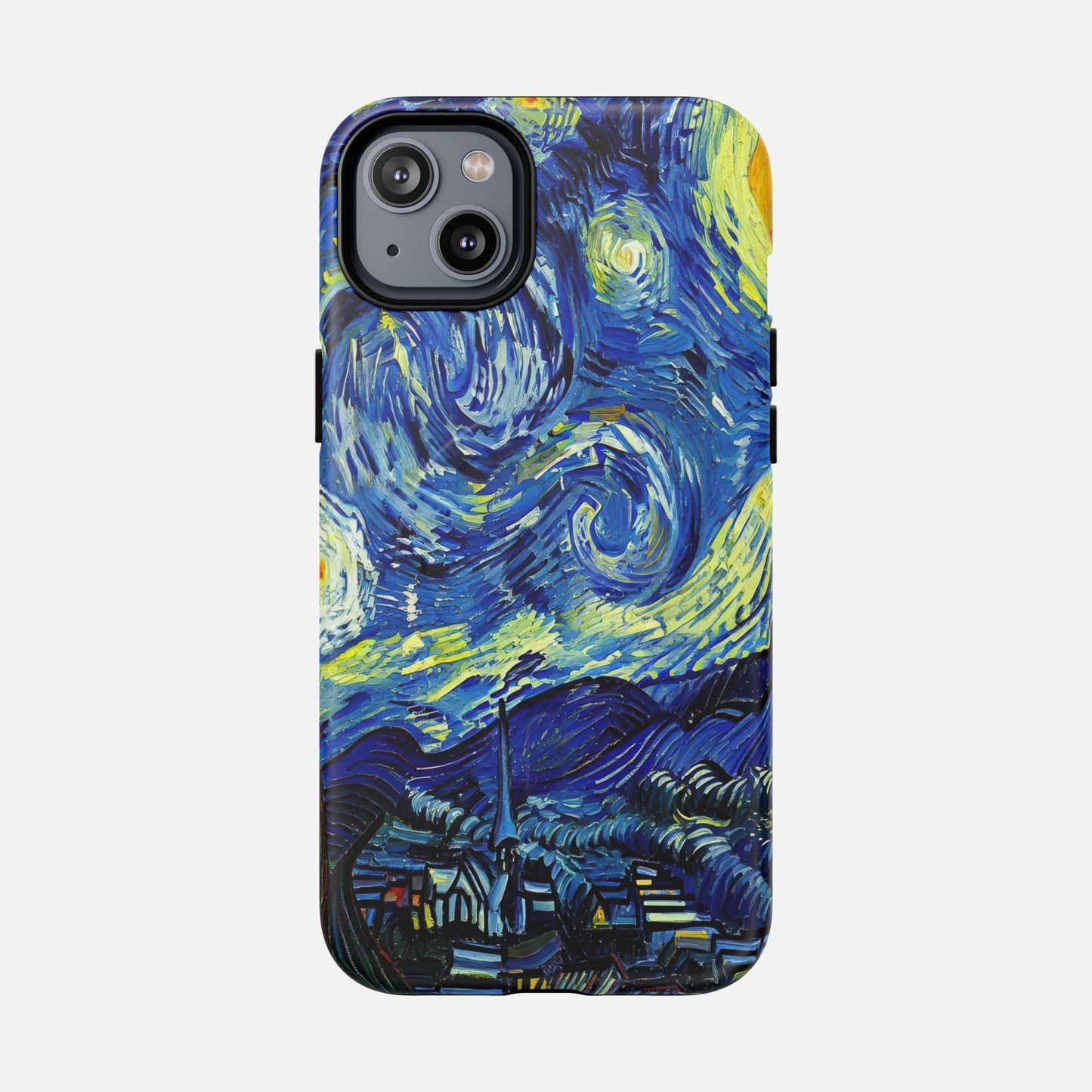 iPhone case with Van Gogh's Starry Night artwork, blue and yellow swirls, creative design