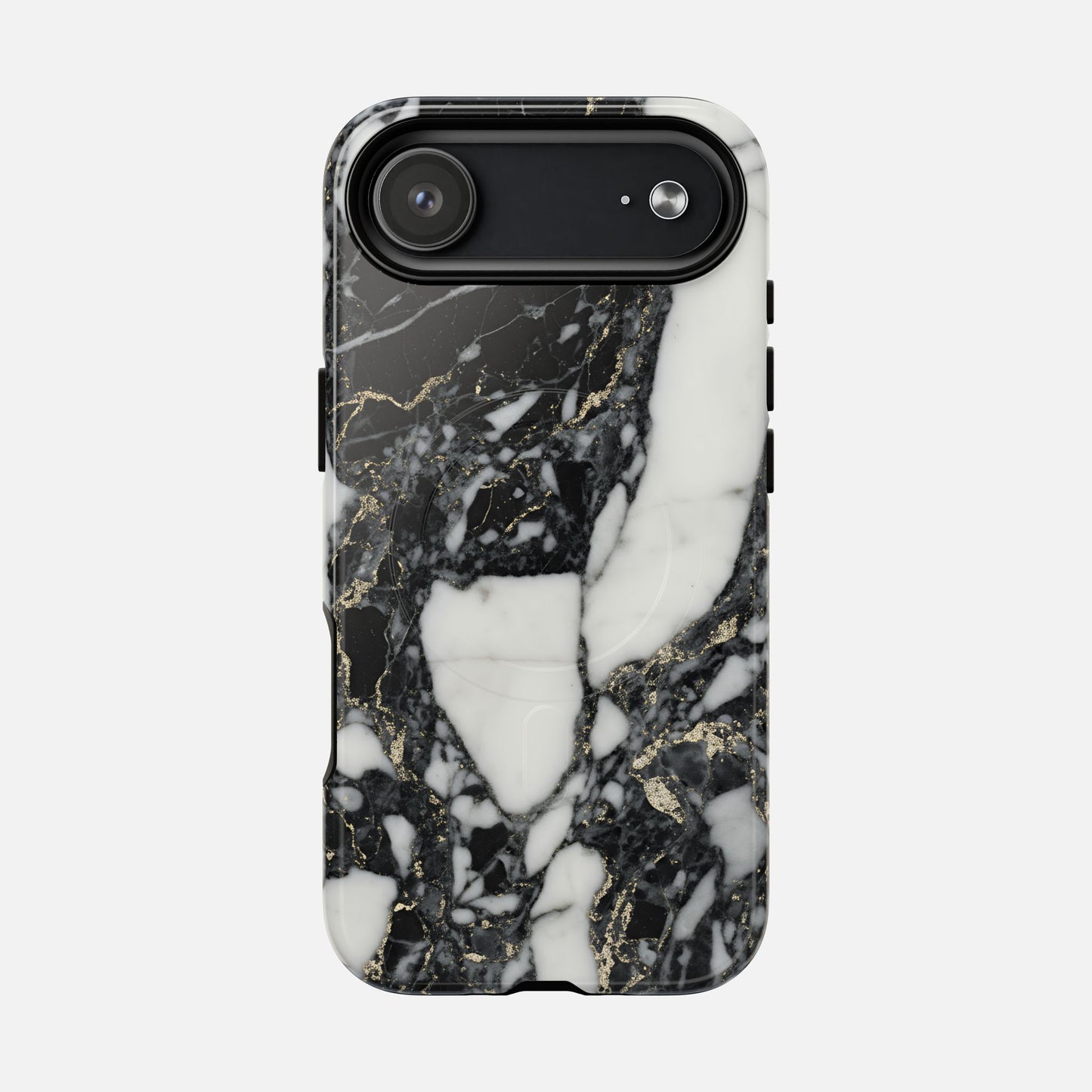 Black and white marble phone case with gold vein design, modern protective cover