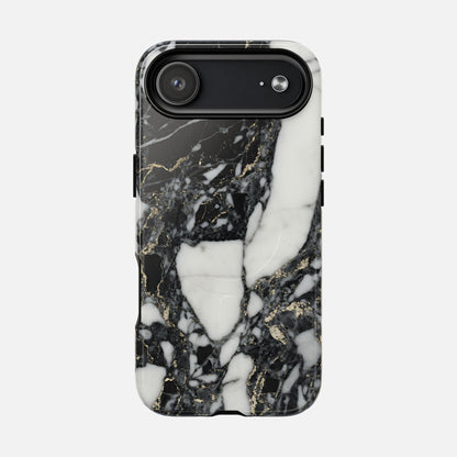 Black and white marble phone case with gold vein design, modern protective cover