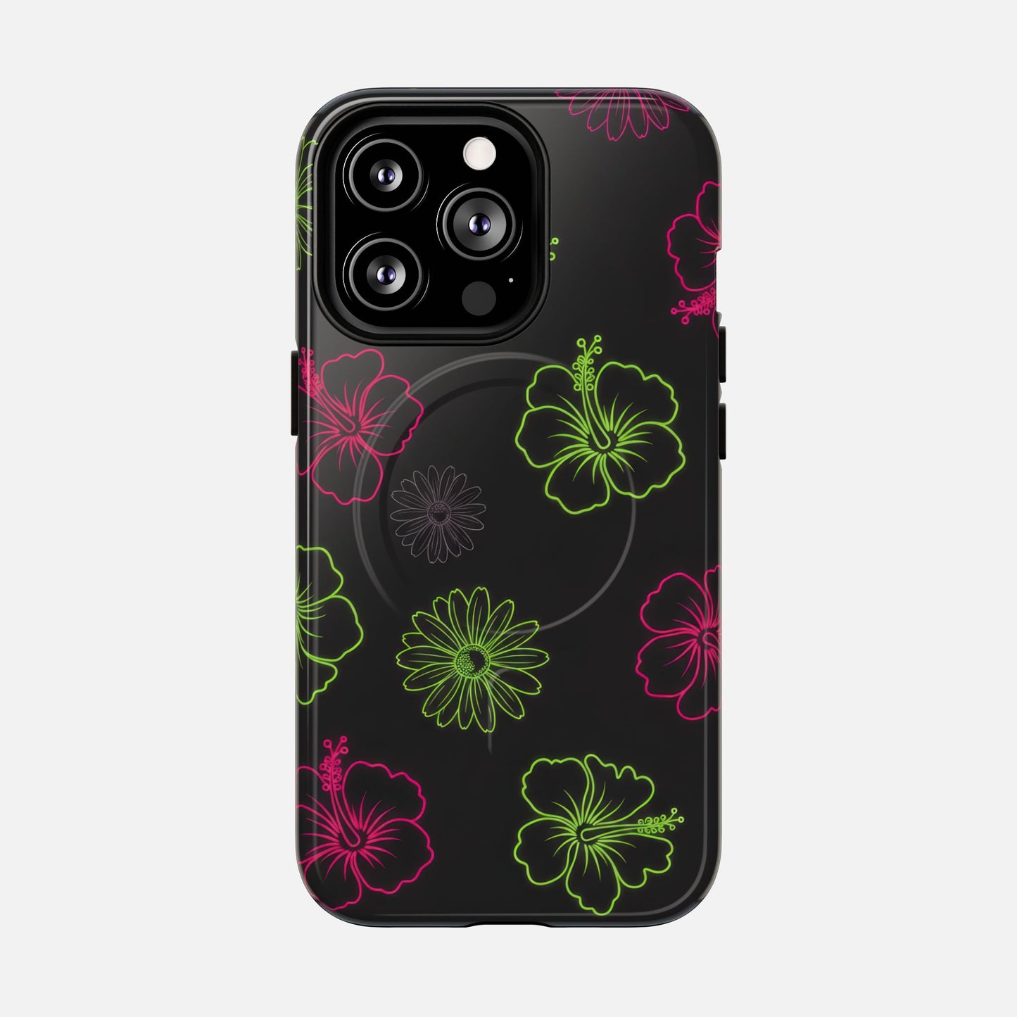 Neon Hibiscus Tough Magnetic Phone Case — Tropical Floral Protective Cover iPhone 13 Pro Glossy Phone Case