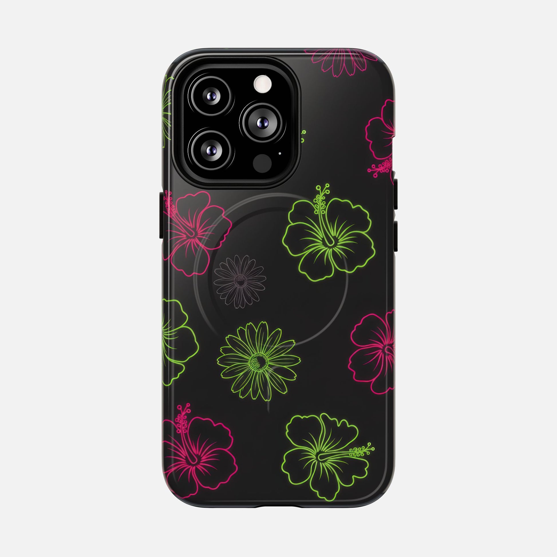 Neon Hibiscus Tough Magnetic Phone Case — Tropical Floral Protective Cover iPhone 13 Pro Glossy Phone Case