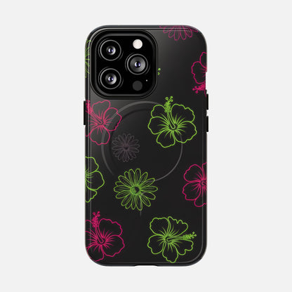 Neon Hibiscus Tough Magnetic Phone Case — Tropical Floral Protective Cover iPhone 13 Pro Glossy Phone Case