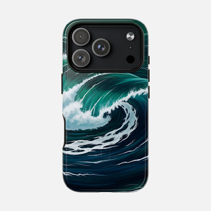 Ocean wave phone case with vibrant teal and navy design, featuring dynamic surf art for iPhone protection.