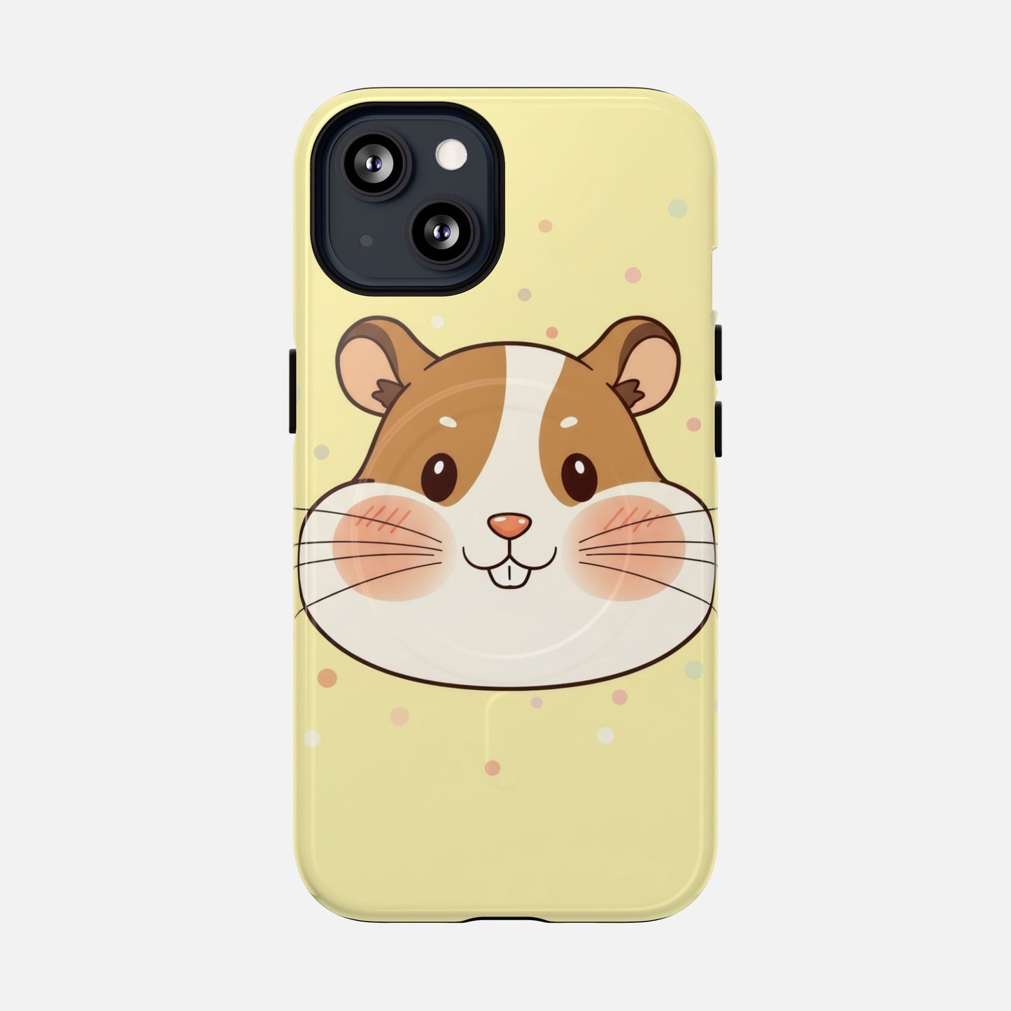 Cute hamster face phone case with pastel polka dots, perfect for iPhone protection and style