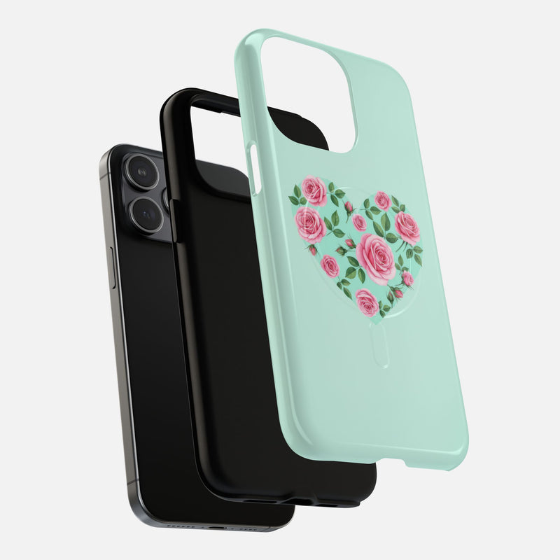 Floral Heart & Mint Rose iPhone Case — Tough Magnetic | MagSafe Compatible