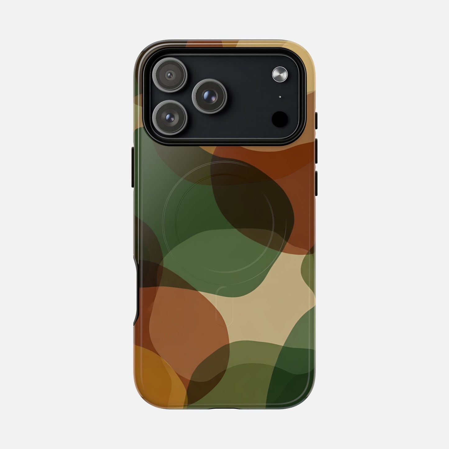 Camouflage phone case with green, brown, and tan abstract pattern for iPhone