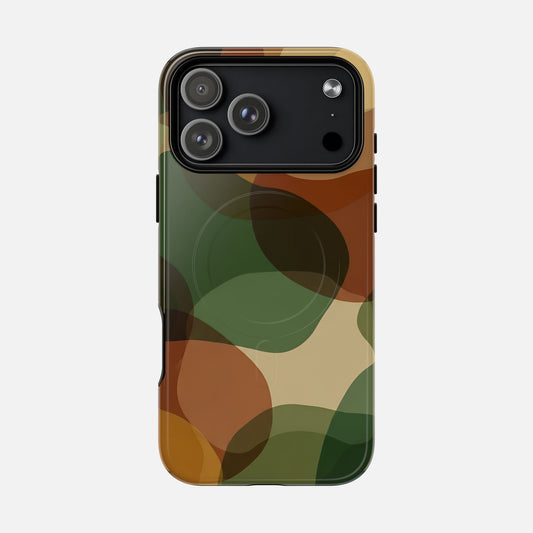 Camouflage phone case with green, brown, and tan abstract pattern for iPhone