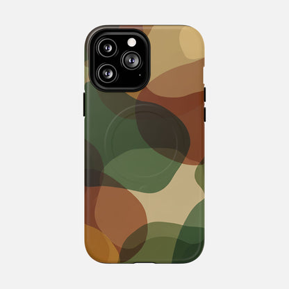 Camouflage phone case with green, brown, and tan pattern for iPhone 14 Pro