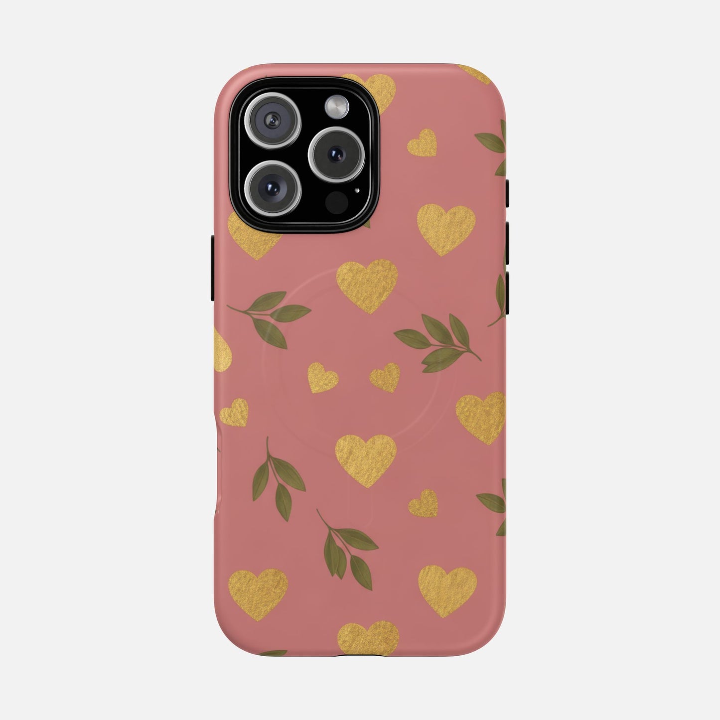Pink phone case with gold glitter hearts and green leaves, stylish protective cover for iPhone