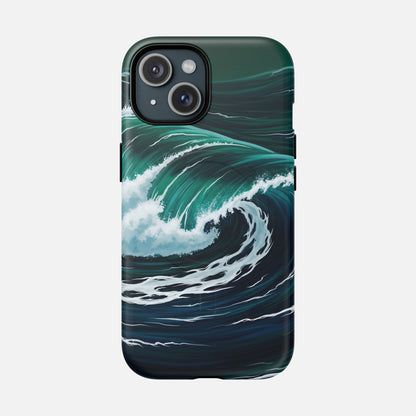 Ocean wave phone case with teal and white surf design, protective cover for iPhone