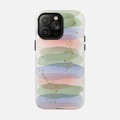 Pastel watercolor phone case with gold glitter accents, soft green, blue, pink stripes for iPhone
