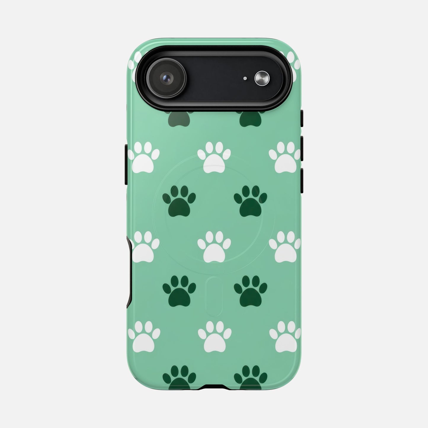 Mint green phone case with white and dark green paw print pattern, stylish pet-themed design for iPhone