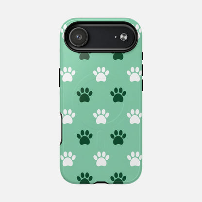 Mint green phone case with white and dark green paw print pattern, stylish pet-themed design for iPhone