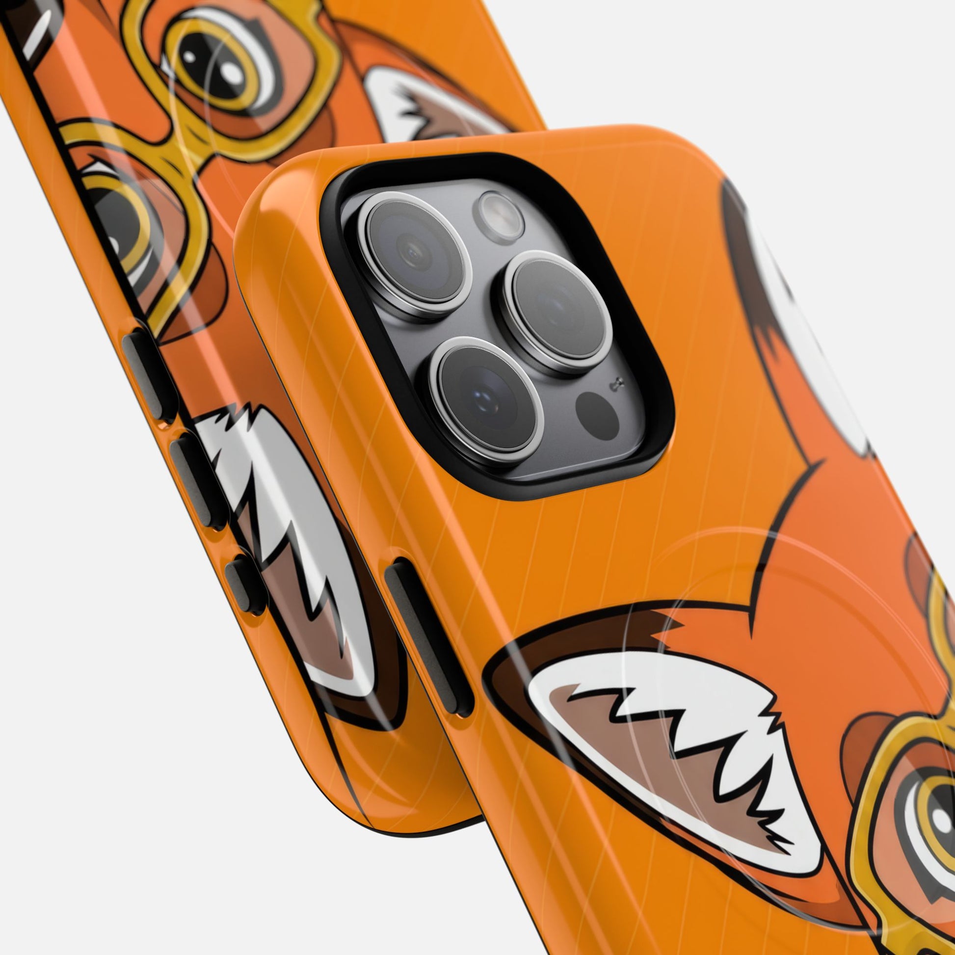 Orange phone case with cartoon tiger face design, fits iPhone Pro camera cutout