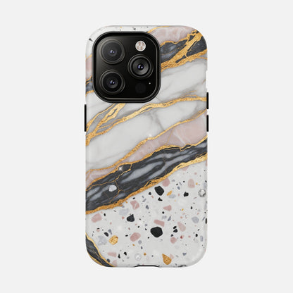 Marble and gold phone case with terrazzo pattern, stylish protection for iPhone