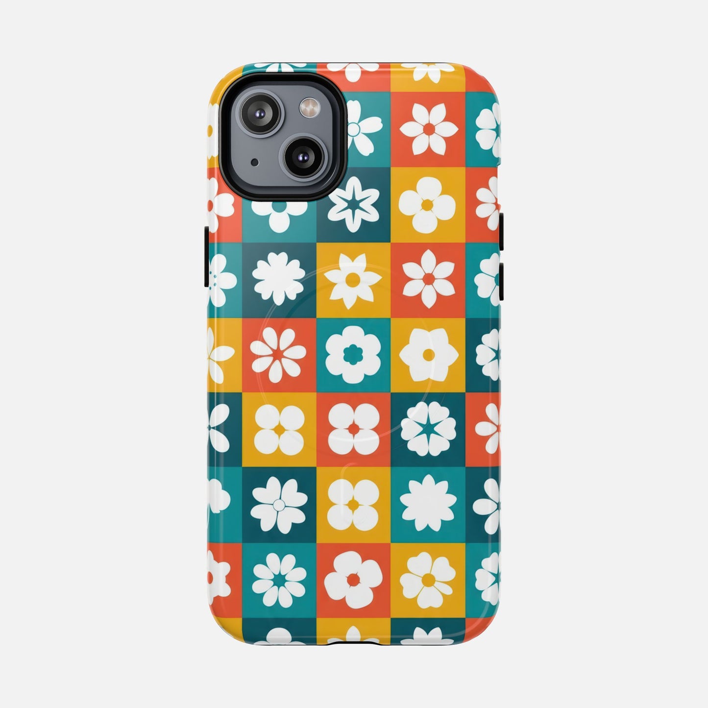 Floral Checkerboard Retro Color Block iPhone Case — Tough Magnetic | MagSafe Compatible