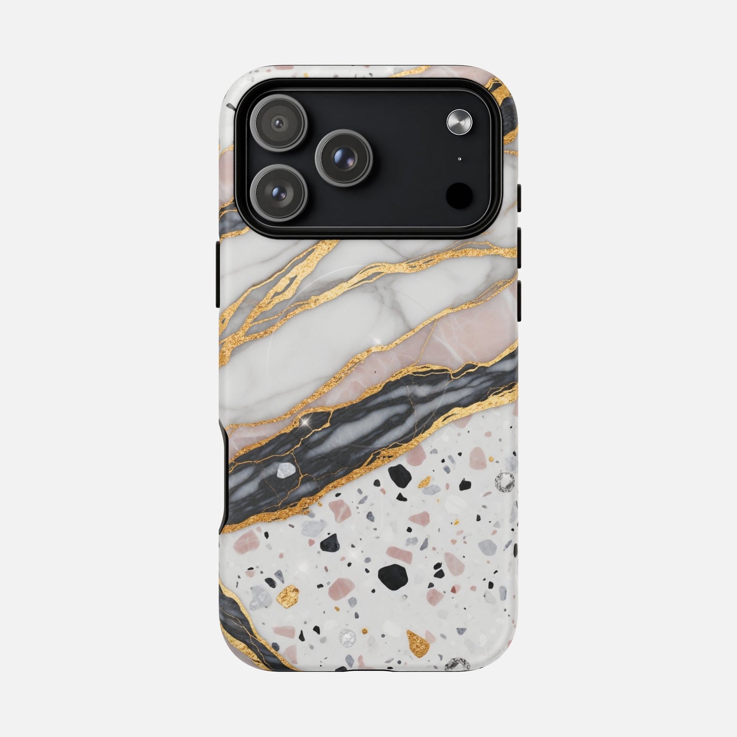 Marble and terrazzo phone case with gold accents, stylish protective cover for iPhone