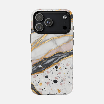 Marble and terrazzo phone case with gold accents, stylish protective cover for iPhone