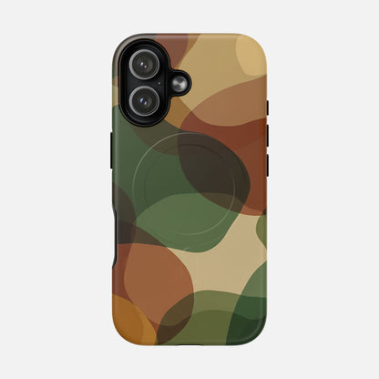 Camouflage phone case with green, brown, and tan pattern for iPhone protection