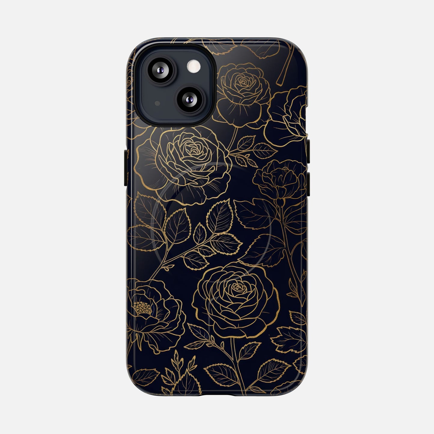 Floral Gold Outline Tough Magnetic Case — Elegant Black Rose Phone Cover iPhone 13 Glossy Phone Case