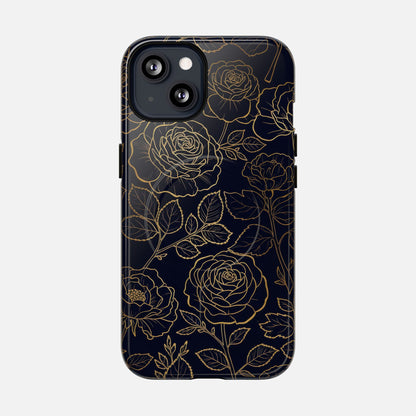 Floral Gold Outline Tough Magnetic Case — Elegant Black Rose Phone Cover iPhone 13 Glossy Phone Case