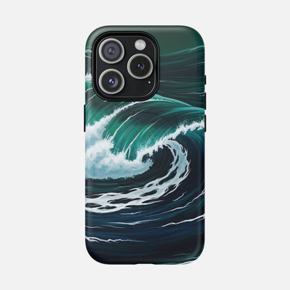 Ocean wave design phone case with vibrant teal and navy surf art for iPhone