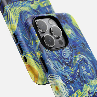 Van Gogh Starry Night phone case with vibrant blue and yellow swirls, artistic design for iPhone camera cutout