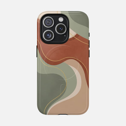 iPhone case with abstract wavy design in earthy tones, modern phone protection