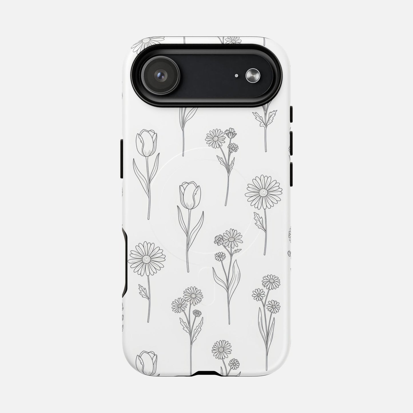 Floral Sketch Minimal Black Line Flower Design iPhone Case — Tough Magnetic | MagSafe Compatible
