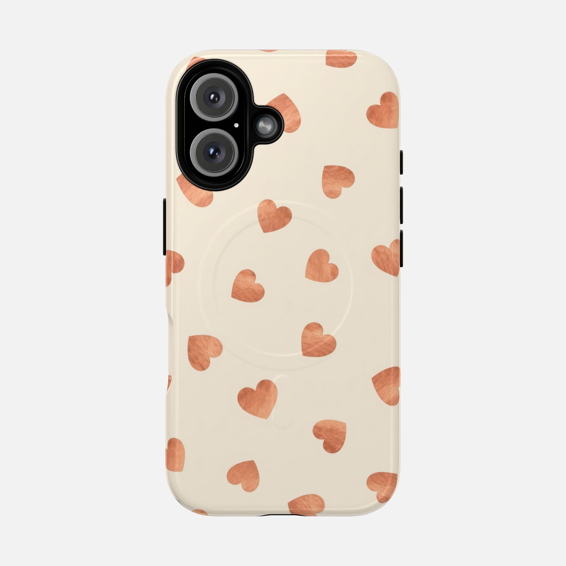 Heart Pattern Tough Magnetic Phone Case — Peach Watercolor Hearts, MagSafe Compatible iPhone 16 Glossy Phone Case
