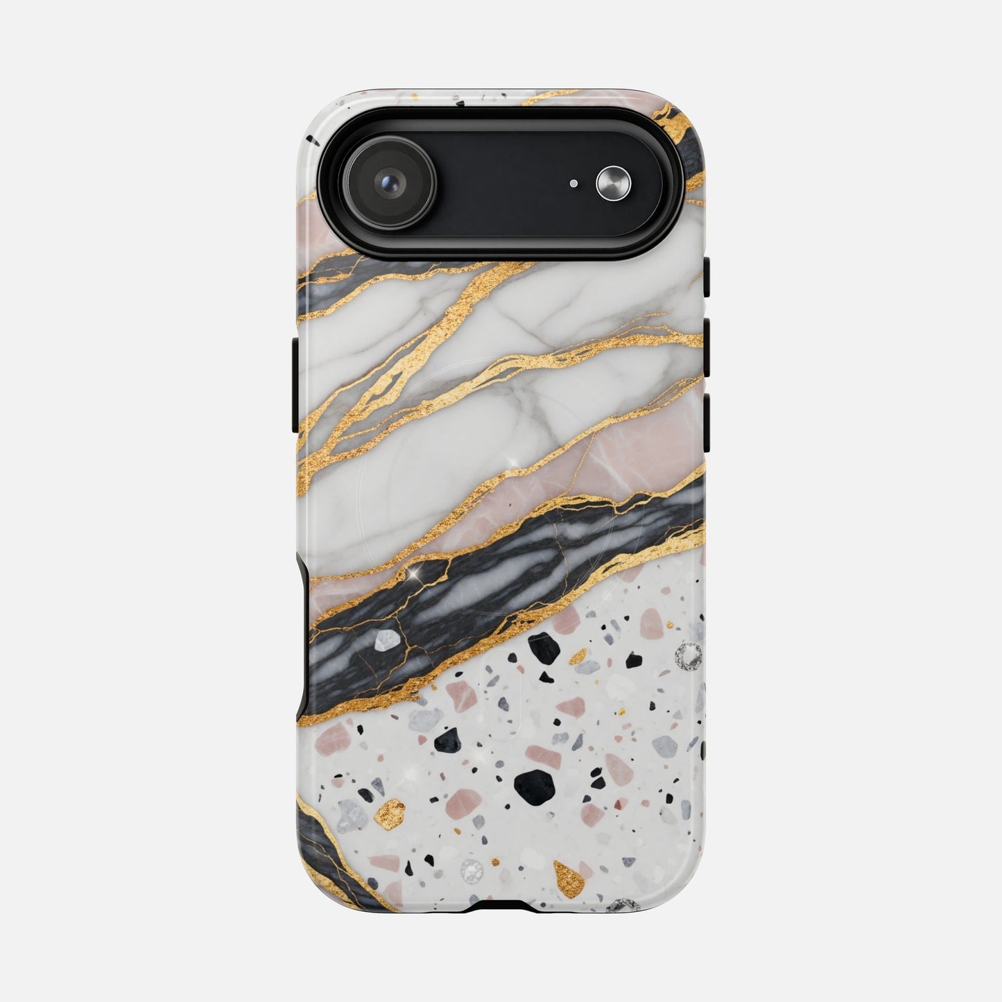 Marble and terrazzo phone case with gold accents, stylish protective cover for iPhone