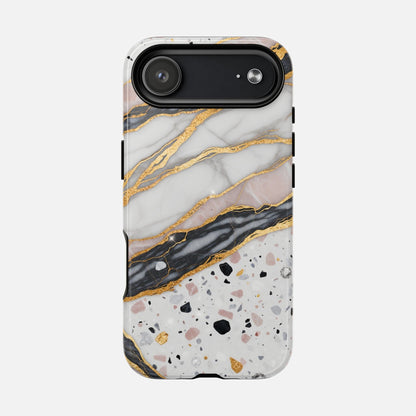 Marble and terrazzo phone case with gold accents, stylish protective cover for iPhone