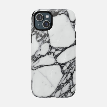 White and black marble pattern phone case with glossy finish, modern protective cover