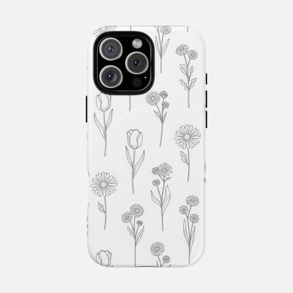 Floral Sketch Minimal Black Line Flower Design iPhone Case — Tough Magnetic | MagSafe Compatible
