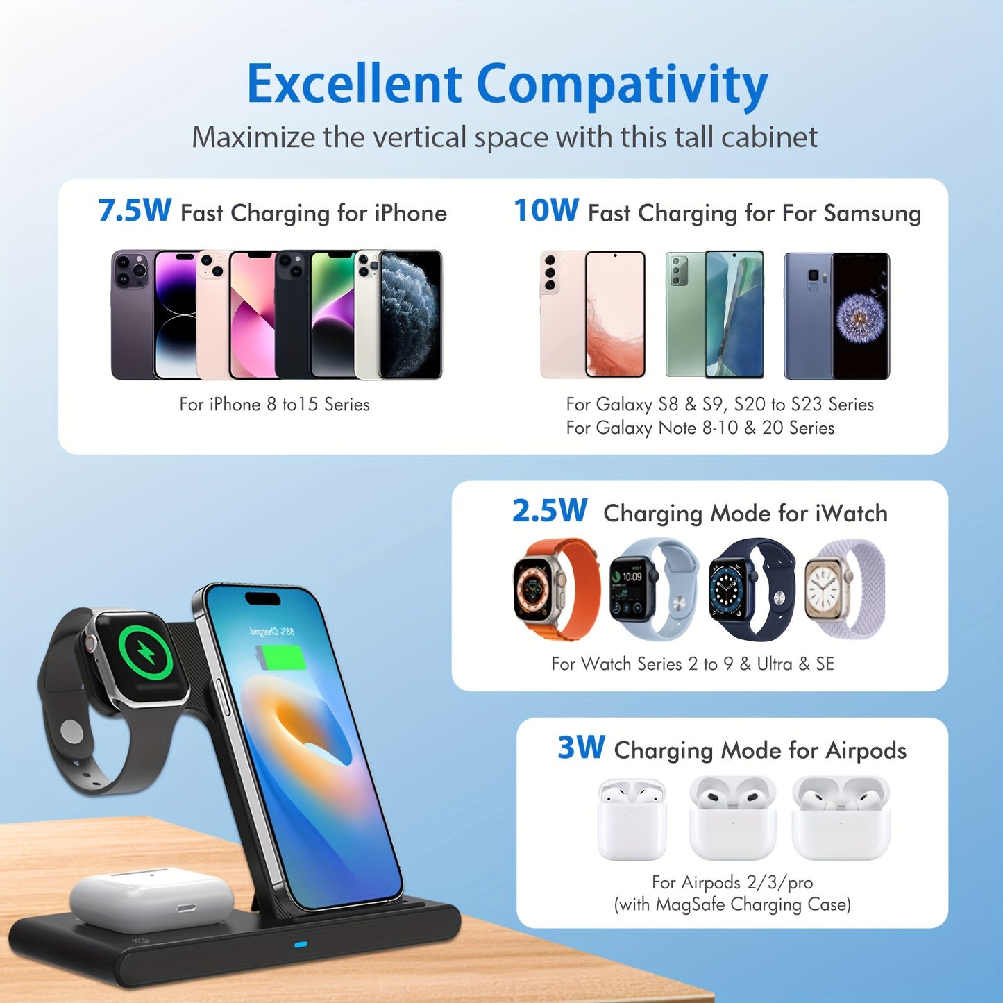 Foldable 3-in-1 Fast Wireless Charger for iPhone, iWatch, and AirPods - Zaidni Store