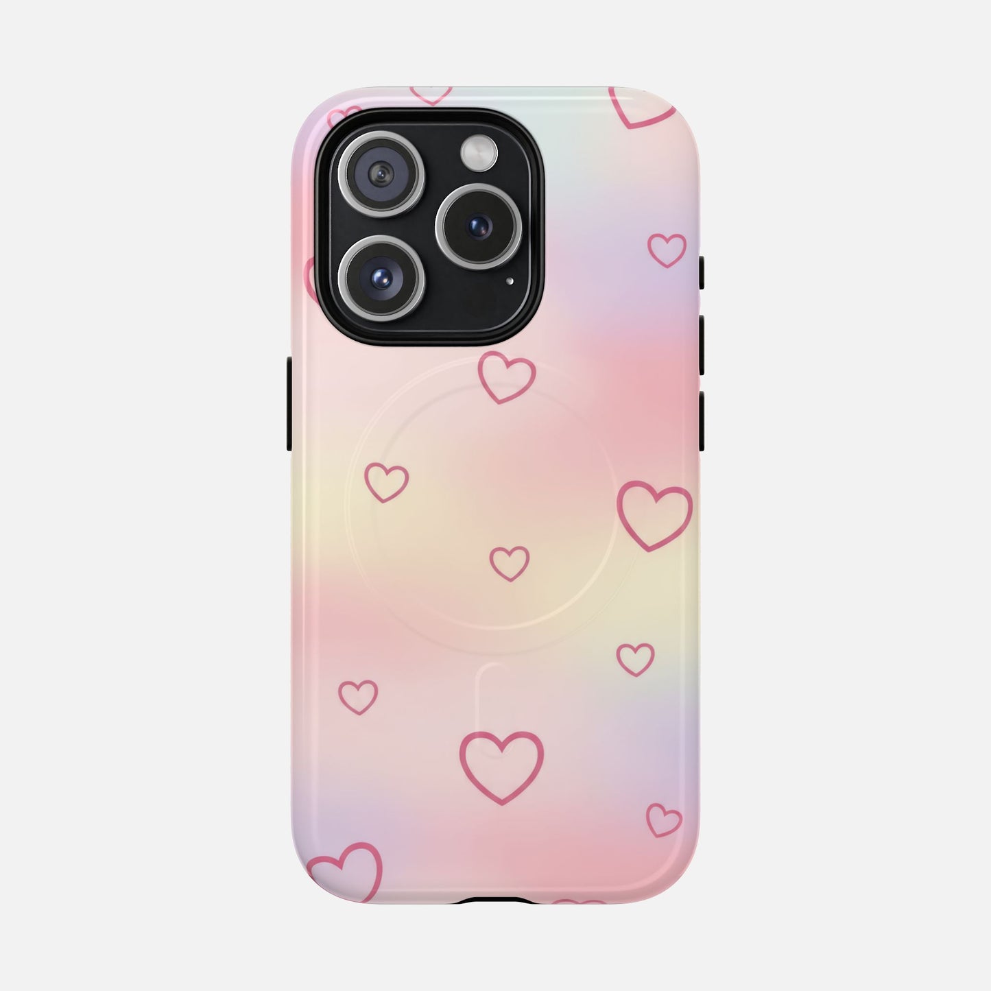 Pastel gradient phone case with pink heart pattern and pop socket, designed for iPhone 14 Pro