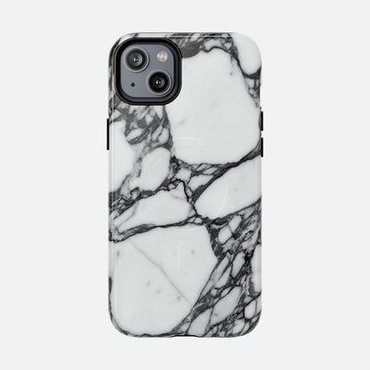 White and black marble pattern phone case with glossy finish, modern protective cover