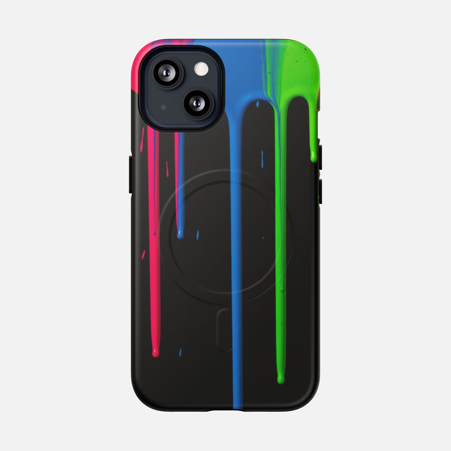 Neon Drip Tough Magnetic Case – Black Phone Cover with Bright Pink, Blue & Green Paint Drips iPhone 13 Matte Phone Case