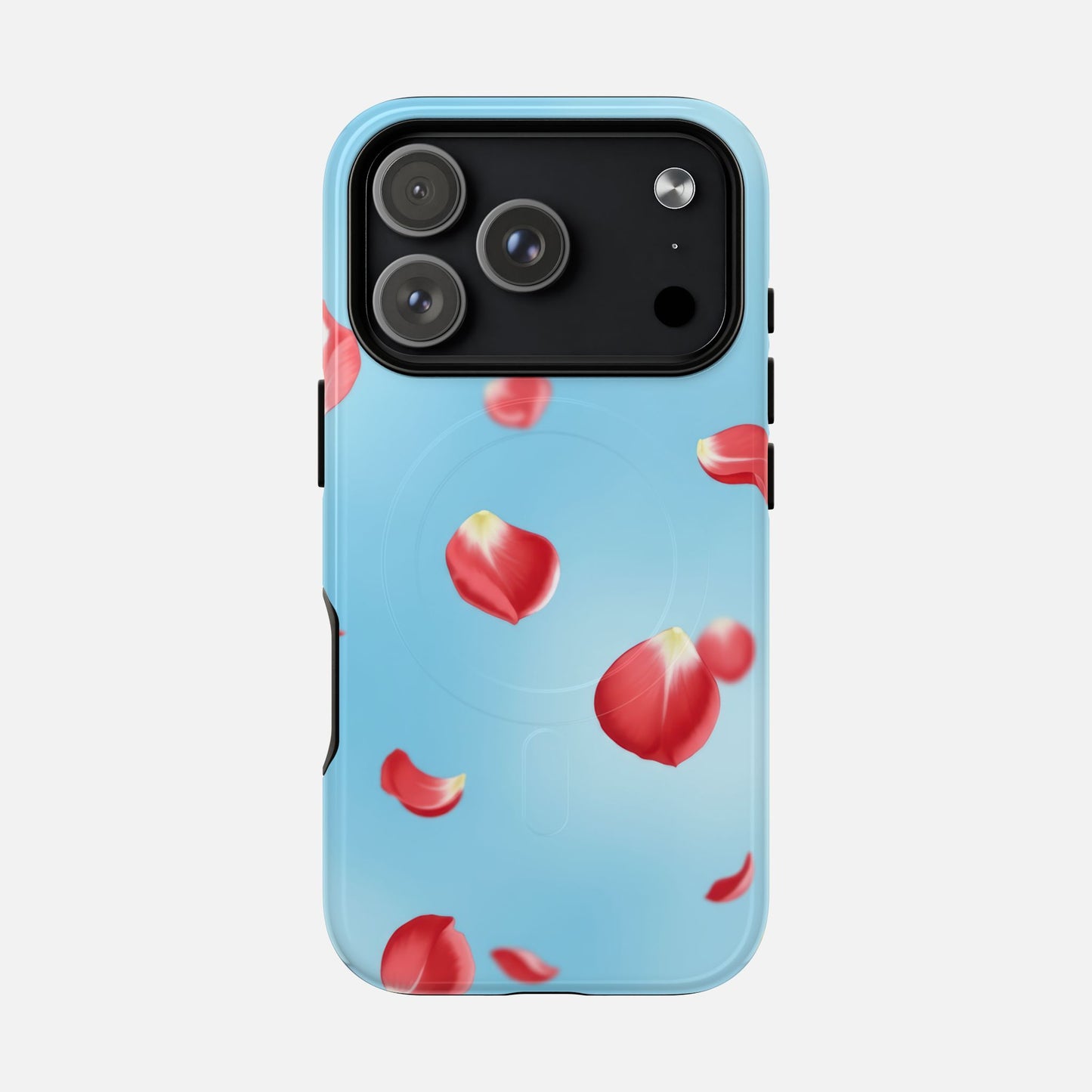Light blue phone case with red rose petals design, modern floral pattern for iPhone protection