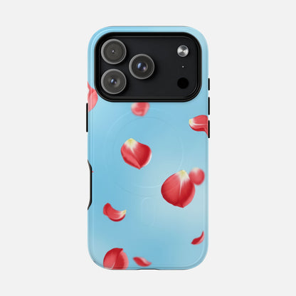 Light blue phone case with red rose petals design, modern floral pattern for iPhone protection