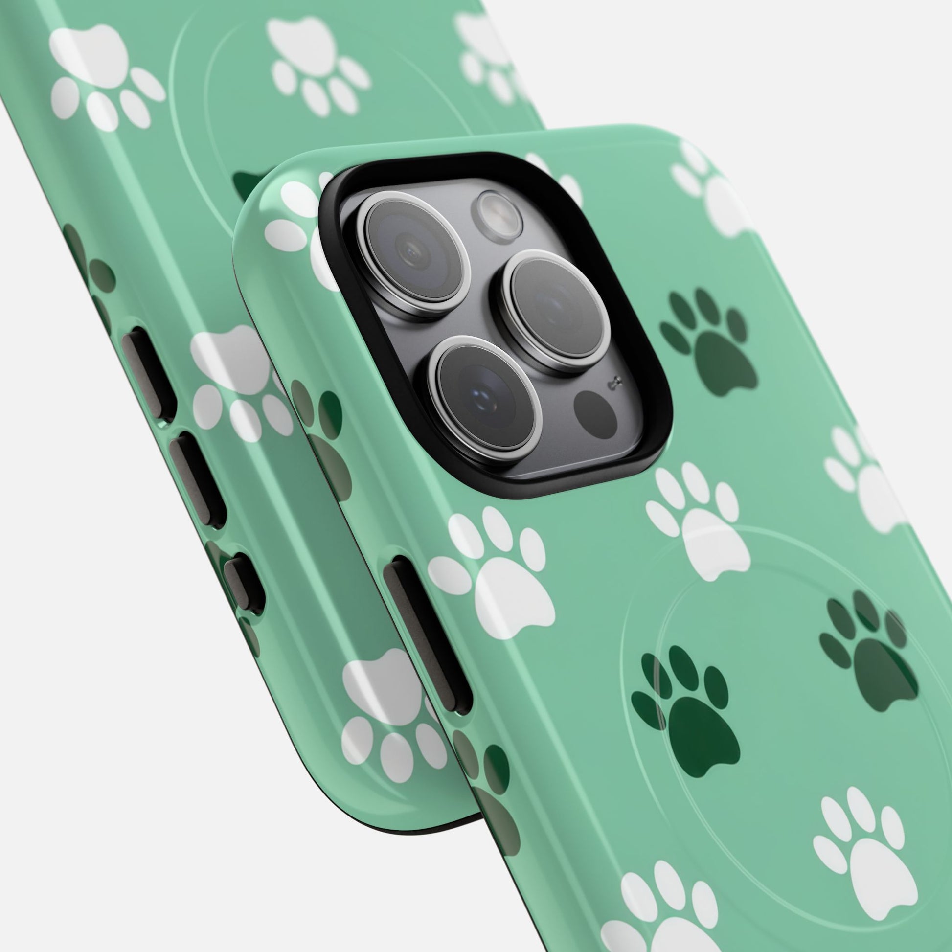 Mint green phone case with white and dark green paw print design, fits iPhone with triple camera