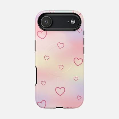 Pink gradient phone case with heart pattern and pop socket, stylish protective cover for iPhone
