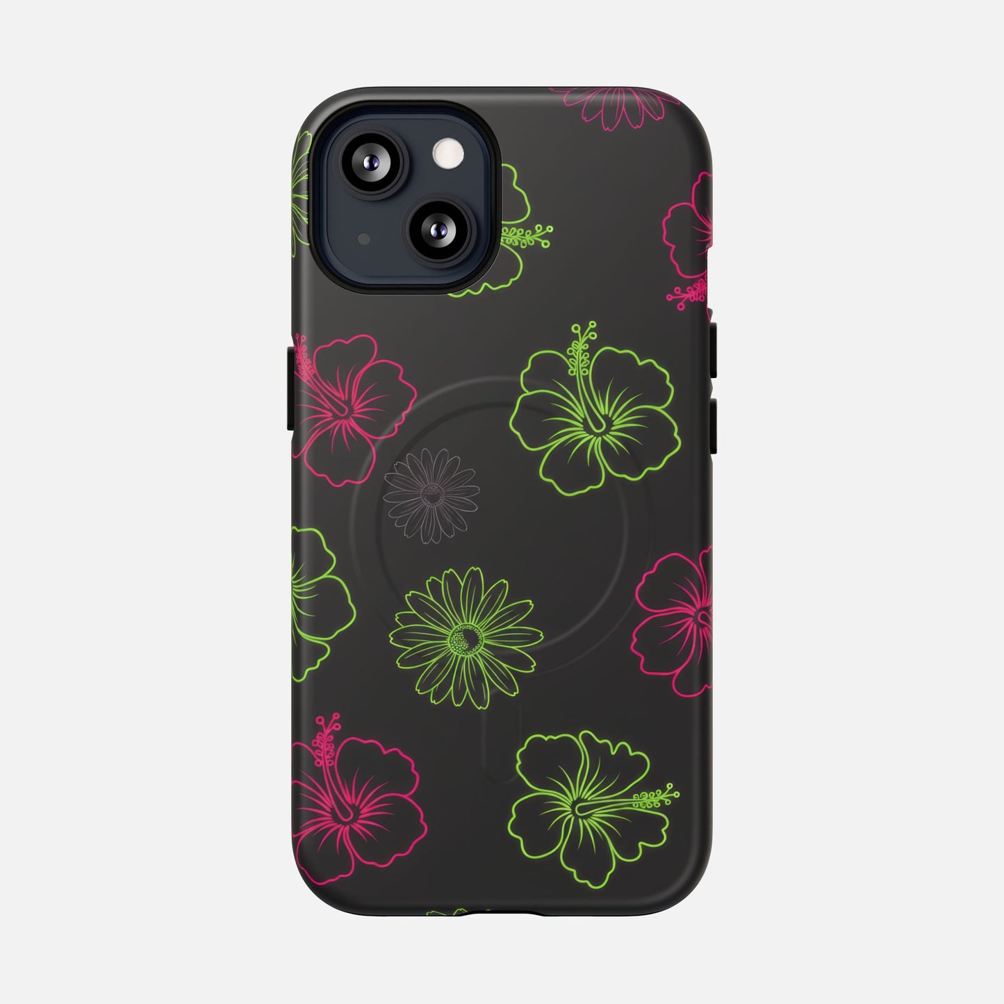 Neon Hibiscus Tough Magnetic Phone Case — Tropical Floral Protective Cover iPhone 13 Matte Phone Case