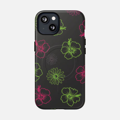 Neon Hibiscus Tough Magnetic Phone Case — Tropical Floral Protective Cover iPhone 13 Matte Phone Case