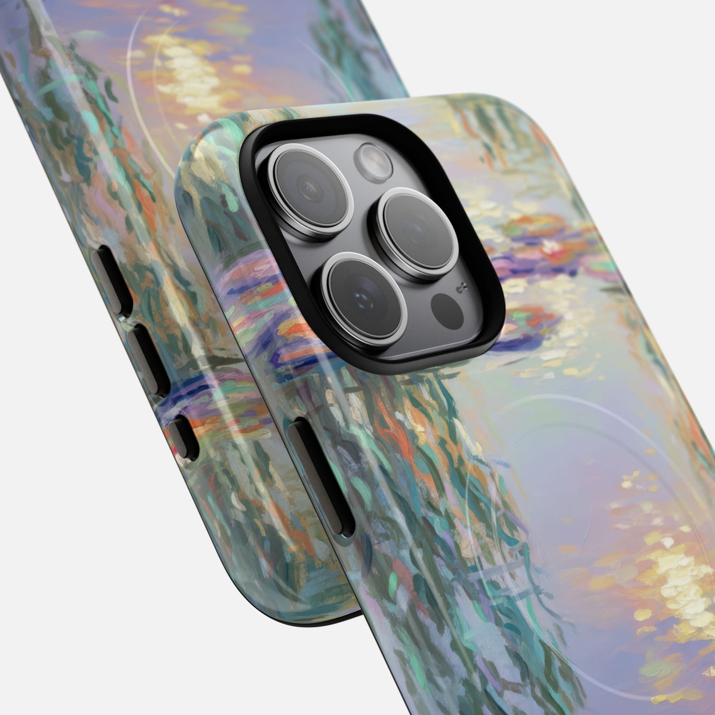 Artistic phone case with colorful water lily painting, fits iPhone Pro camera, modern design